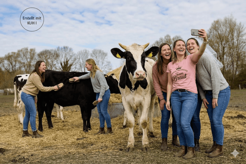 5 Freundinnen beim Junggesellinnenabschied mit Kuschelkühen. Die Kühe werden gebürstet und die Frauen machen Selfies. Hinweis: das Bild wurde mit KI erzeugt.